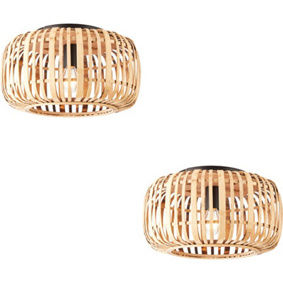 2 PACK Semi Flush Low Ceiling Light - Natural Bamboo & Matt Black - 10W Max LED E27