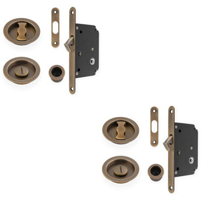 2 PACK - Sliding Pocket Door Lock & Latch Set - Antique Brass Rounded Forend Finger Pull