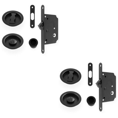 2 PACK - Sliding Pocket Door Lock & Latch Set - Matt Black Rounded Forend Finger Pull