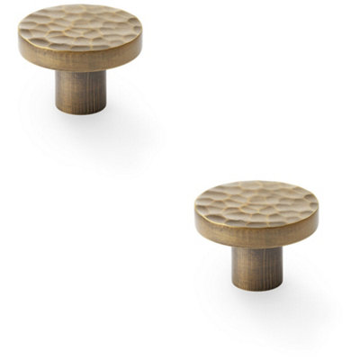2 PACK - Slim Hammered Door Knob - Antique Brass 38mm Round Cupboard Cabinet Pull Handle