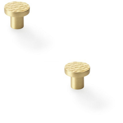2 PACK - Slim Hammered Door Knob - Satin Brass 30mm Round Cupboard Cabinet Pull Handle