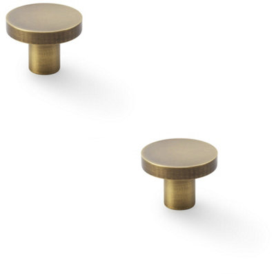 2 PACK - Slim Round Door Knob - Antique Brass 38mm Modern Cupboard Cabinet Pull Handle