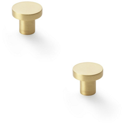 2 PACK - Slim Round Door Knob - Satin Brass 30mm Modern Cupboard Cabinet Pull Handle