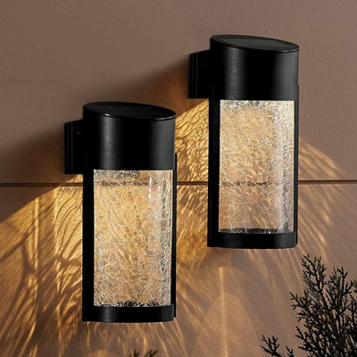2-Pack Solar Wall Lights with Crackle Glass, Waterproof Fence Lights for Decks, Patios, and Yards (Warm White)