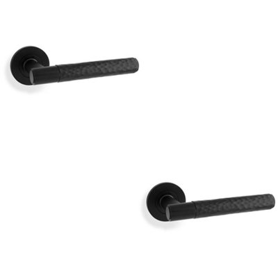 2 PACK - SOLID BRASS Hammered Door Handle Set - Matt Black Straight Lever on Round Rose