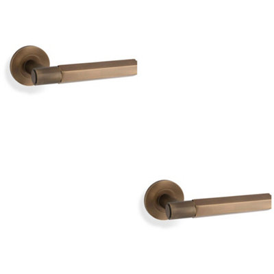 2 PACK - SOLID BRASS Hex Door Handle Set - Italian Brass Industrial Lever Round Rose