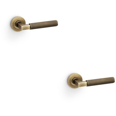 2 PACK - SOLID BRASS Knurled Door Handle Set - Antique Brass Angled Lever on Round Rose