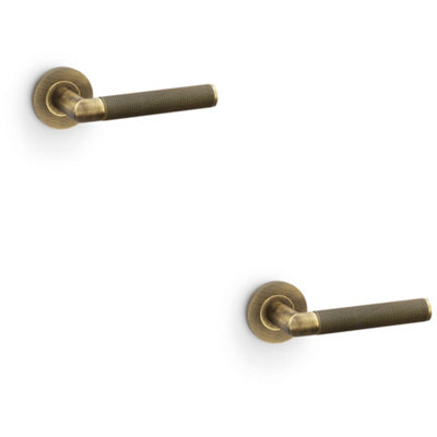 2 PACK - SOLID BRASS Knurled Door Handle Set - Antique Brass Mitred Lever on Round Rose