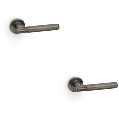 2 PACK - SOLID BRASS Knurled Door Handle Set - Dark Bronze Straight Lever on Round Rose