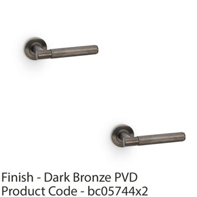2 PACK - SOLID BRASS Knurled Door Handle Set - Dark Bronze Straight Lever on Round Rose