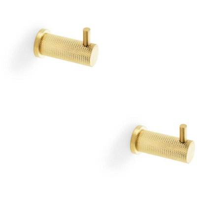 2 PACK - SOLID BRASS Knurled Single Robe Coat Hook - Wall Mounted ...