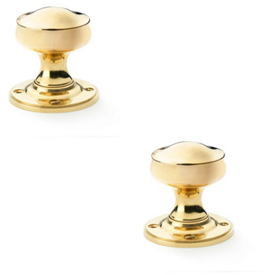 2 PACK - SOLID BRASS Mortice Smooth Georgian Door Knob - Polished Brass 50mm Diameter