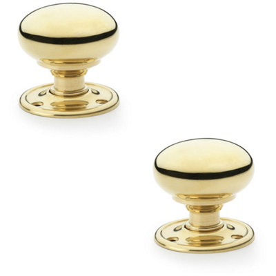 2 PACK - SOLID BRASS Mortice Smooth Mushroom Door Knob - Polished Brass 51mm Diameter