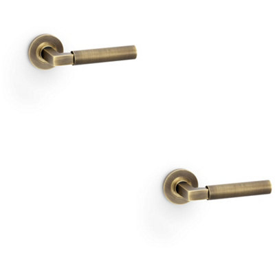 2 PACK - SOLID BRASS Smooth Door Handle Set - Antique Brass Angled Lever on Round Rose