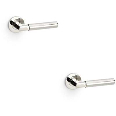 2 PACK - SOLID BRASS Smooth Door Handle Set - Polished Nickel Angled Lever on Round Rose