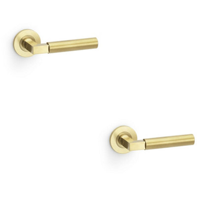 2 PACK - SOLID BRASS Smooth Door Handle Set - Satin Brass Angled Lever on Round Rose