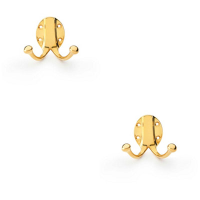 2 PACK - SOLID BRASS Traditional Double Robe Hook - Wall Mounted Holder - Polished Brass