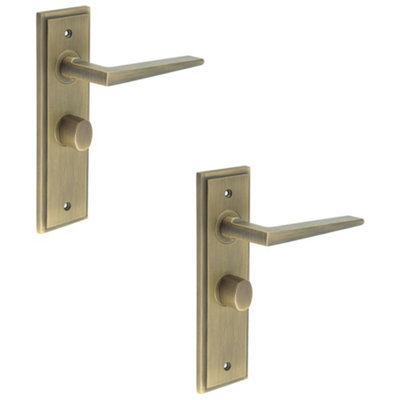 2 PACK Stepped Antique Brass Bathroom Door Handle with Backplate and Turn Release - Solid Brass Interior Handle