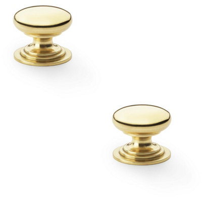 2 PACK - Stepped Round Door Knob Polished Brass 25mm Classic Kitchen Cabinet Pull Handle