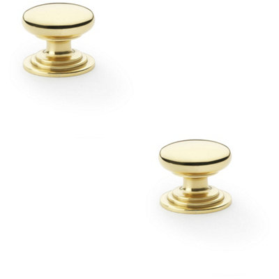 2 PACK - Stepped Round Door Knob Polished Brass 32mm Classic Kitchen Cabinet Pull Handle