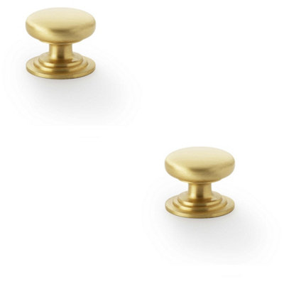 2 PACK - Stepped Round Door Knob - Satin Brass 32mm Classic Kitchen Cabinet Pull Handle