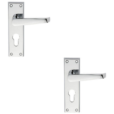 2 PACK - Straight Victorian Latch & EURO Lock Door Handle Polished Chrome Lever Backplate