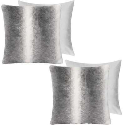 2 Pack Stripe Faux Fur Fleece Filled Cushion Covers, Grey - 45 x 45cm