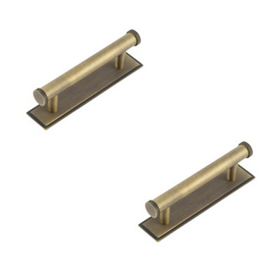 2 PACK Stylish 96mm Antique Brass Cabinet Handle with Stepped Backplate - Kitchen Drawer Pull Handle