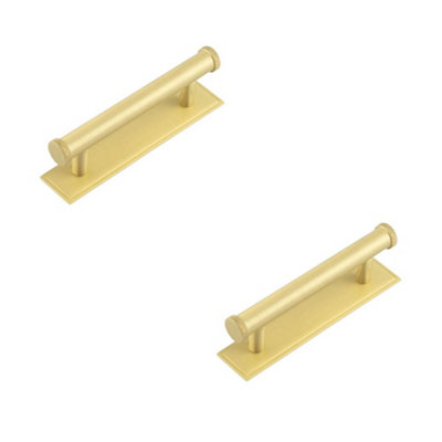2 PACK Stylish 96mm Satin Brass Cabinet Handle with Stepped Backplate Kitchen Drawer Pull Handle