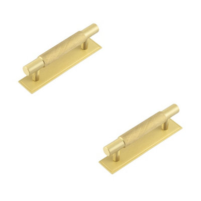 2 PACK Stylish 96mm Satin Brass Cabinet Handle with Stepped Backplate Kitchen Drawer - Pull Handle