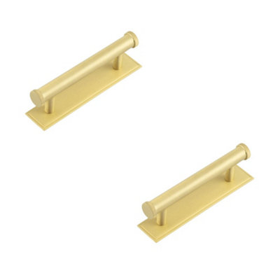 2 PACK Stylish 96mm Satin Brass Cabinet Handle with Stepped Backplate - Kitchen Drawer Pull Handle