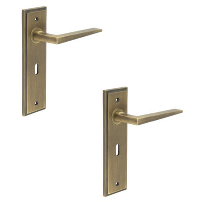 2 PACK Stylish Antique Brass Door Handle Lock Backplate for Modern Homes - Solid Brass Interior Handle