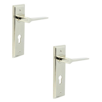2 PACK Stylish Euro Backplate Door Handle in Polished Nickel - Solid Brass Interior Handle