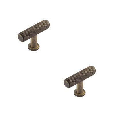 2 PACK Stylish Knurled T Bar Cupboard Knob in Antique Brass Finish - Kitchen Cabinet Knob