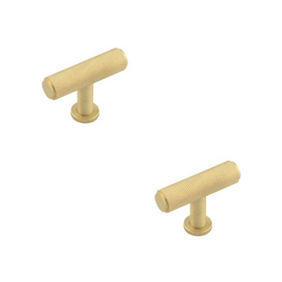 2 PACK Stylish Knurled T Bar Cupboard Knob in Satin Brass for Modern Interiors - Kitchen Cabinet Knob