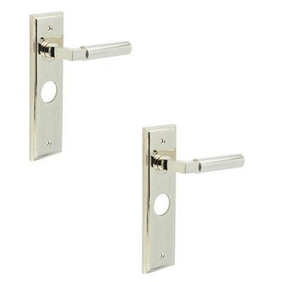 2 PACK Stylish Polished Nickel Bathroom Door Handle with Backplate - Solid Brass Interior Lever