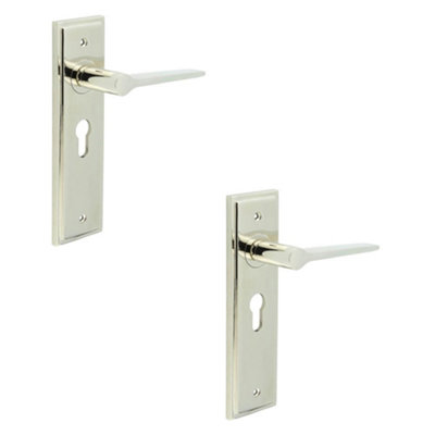 2 PACK Stylish Polished Nickel Door Handle with Euro Backplate - Solid Brass Interior Handle