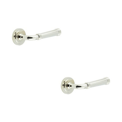 2 PACK Stylish Polished Nickel Door Handle with Stepped Rose Design - Solid Brass Interior Handle