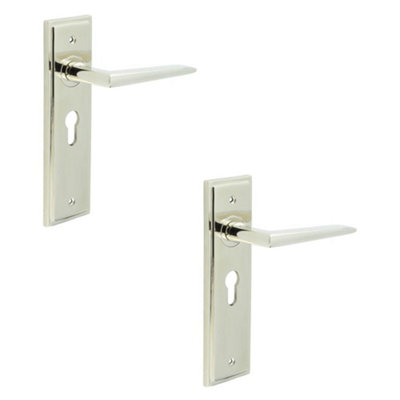 2 PACK Stylish Polished Nickel Euro Door Handle with Backplate - Solid Brass Interior Handle