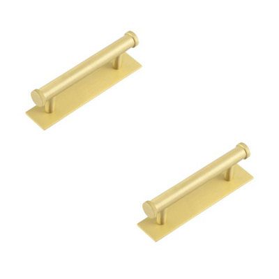2 PACK Stylish Satin Brass Cabinet Handle with 96mm Centers and Backplate - Kitchen Drawer Pull Handle