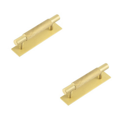 2 PACK Stylish Satin Brass Cabinet Handle with 96mm Ctrs and Plain Backplate - Kitchen Drawer Pull Handle