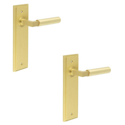 2 PACK Stylish Satin Brass Door Handle Latch Backplate for Modern Homes - Solid Brass Interior Lever