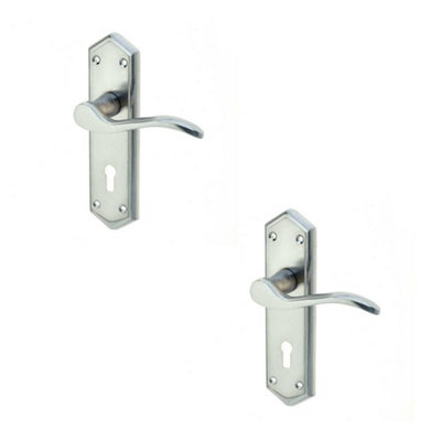 2 PACK Stylish Satin Chrome Suite Door Handle with Lockplate for Modern Interiors - Interior Lever on Backplate