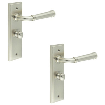 2 PACK Stylish Satin Nickel Bathroom Door Handle with Backplate and Turn Release - Solid Brass Interior Handle