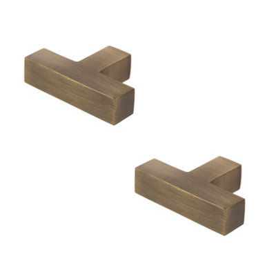 2 PACK Stylish T Bar Square Cupboard Knob in Antique Brass Finish - Kitchen Cabinet Knob