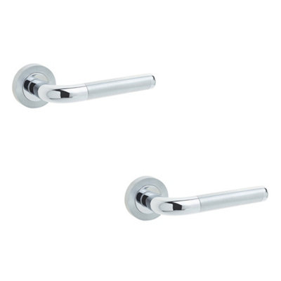2 PACK Stylish Twin Door Handle on Rose in Polished and Satin Chrome Finish - Interior Handle