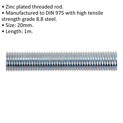 2 PACK Threaded Studding Rod - M20 x 1mm - Grade 8.8 Zinc Plated - DIN 975