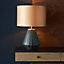 2 PACK Turqoise Glass Base Table Lamp Light & Gold Fabric Shade - Black Detail