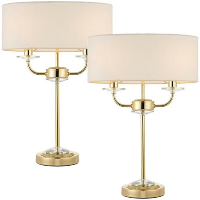2 PACK Twin Light Table Lamp 2 Bulb Brass & White Shade Crystal Trim ...