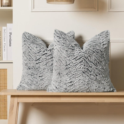 2 Pack Two Tone Faux Fur Fleece Cushion Covers, Grey - 45 x 45cm